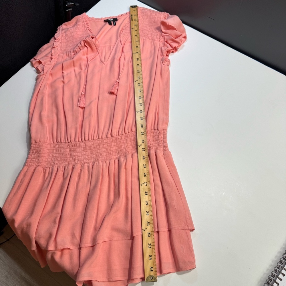 PAIGE Christina Smocked Tiered Ruffle Mini Dress Peach Tree Size L - Picture 5 of 16